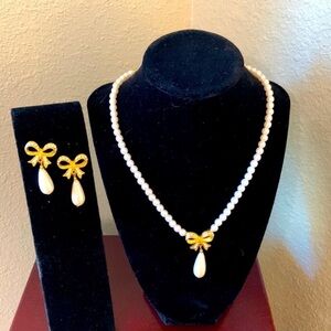 Gold and White Faux Pearl Necklace with crystal Bow Accents